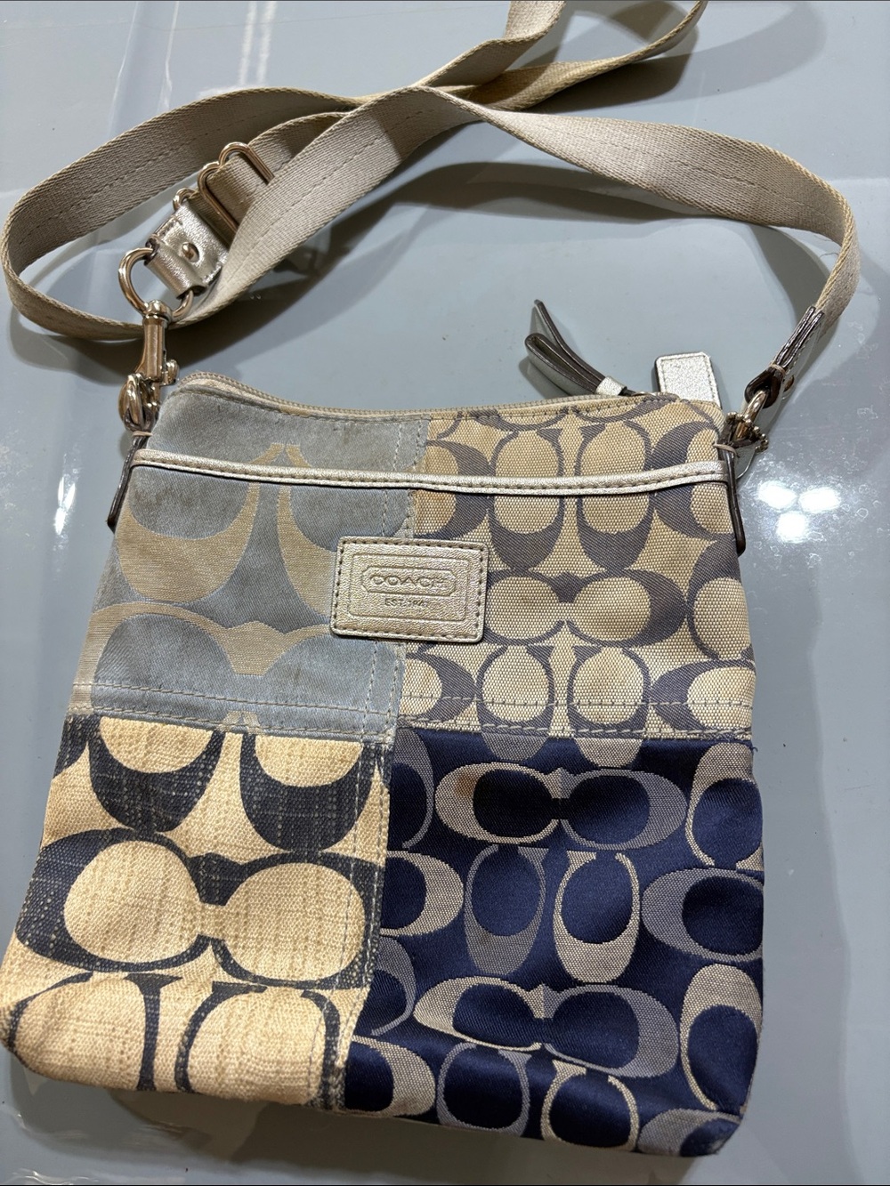 Coach Patchwork Signature Crossbody in Navy, Tan and Gray